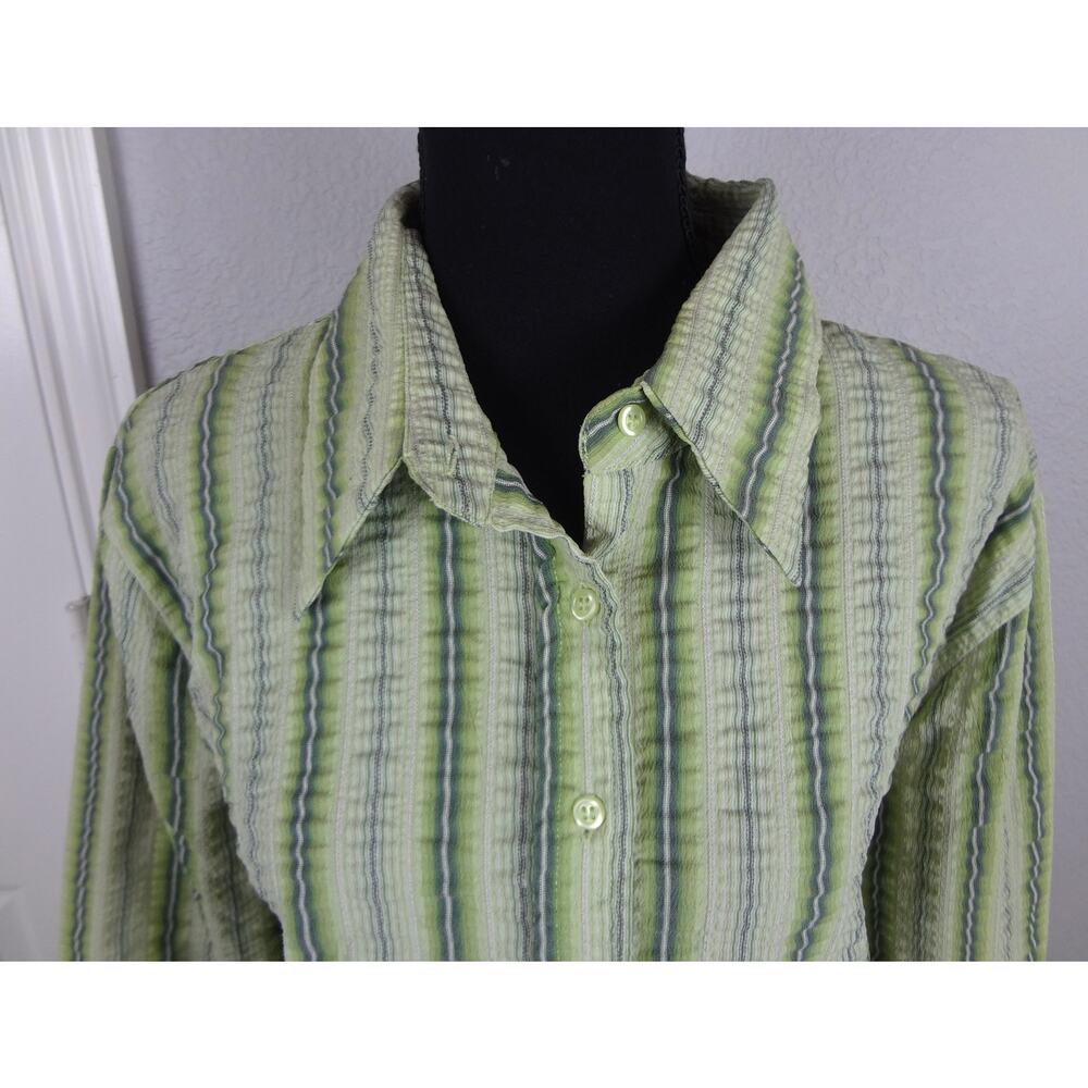 Vintage 90s Y2K Cato Green Striped Button Down Blouse 14 Women XL Gauze Crinkle - Picture 2 of 8